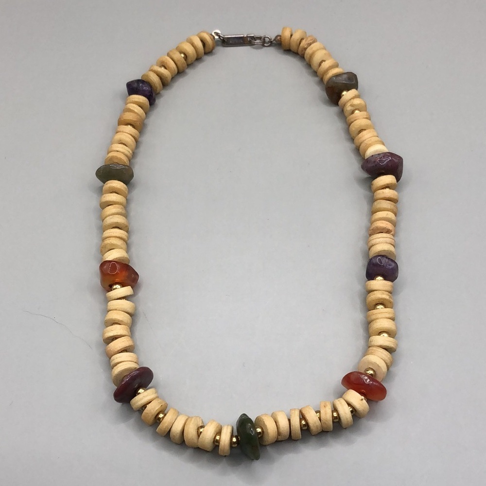 Vintage Dauplaise wooden and gemstone beads boho free spirit style necklace